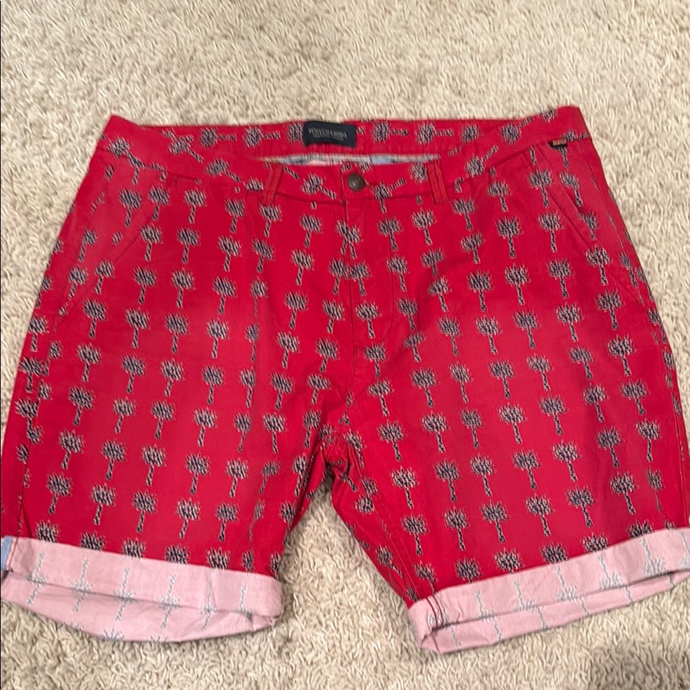Scotch and Soda Red Flat Front Shorts with Tropical Pattern